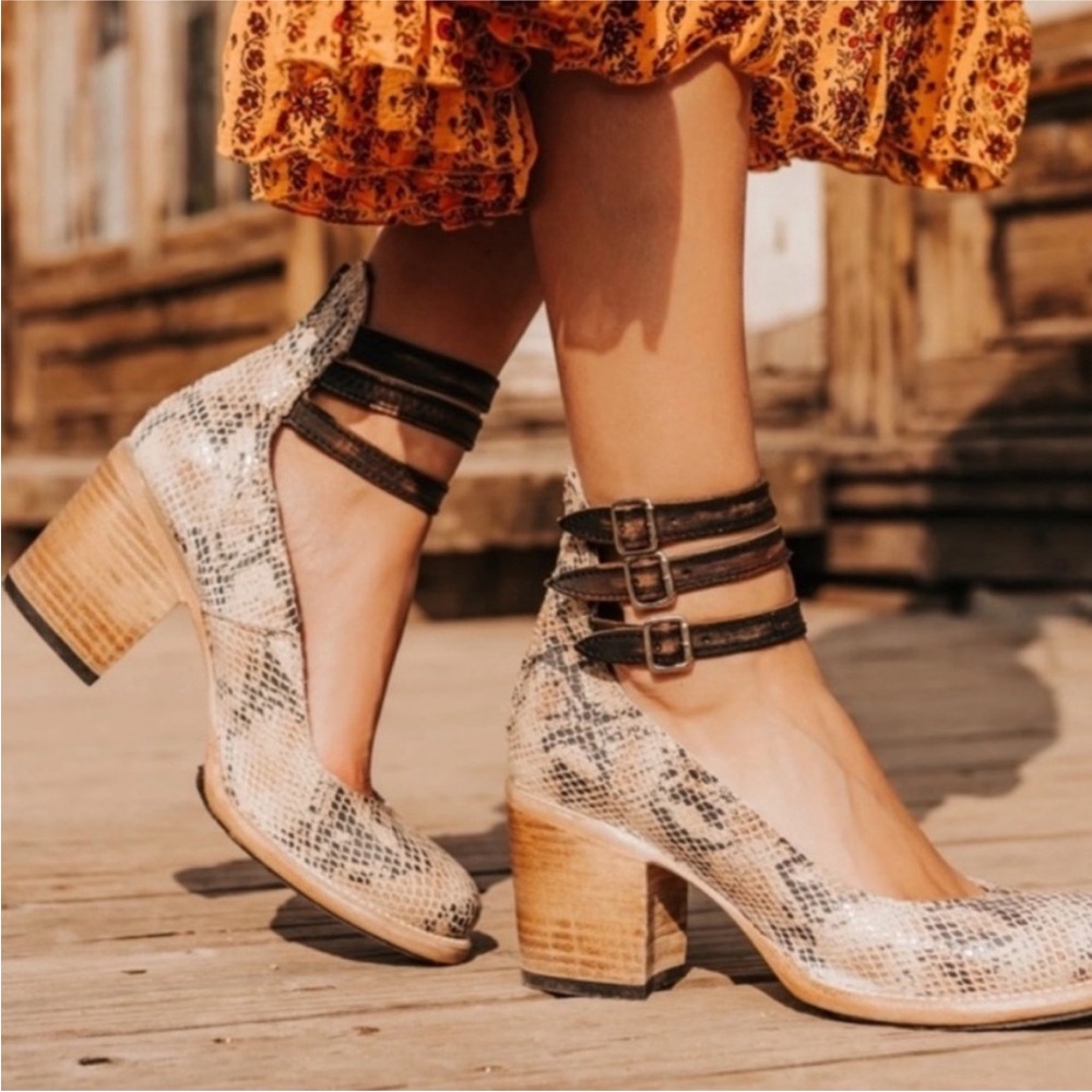 freebird Snake Print Beige & Black Strappy Block Heel Mules
